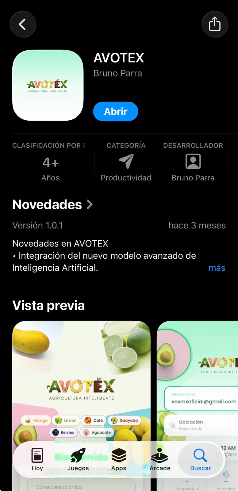 Ficha de Avotex disponible en App Store