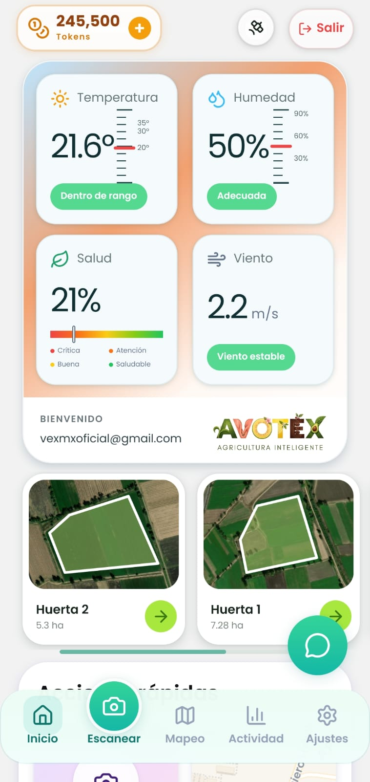 Pantalla de inicio de la app Avotex con diferentes cultivos